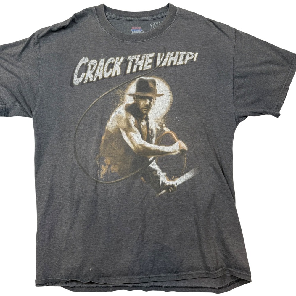 Hanes Indiana Jones Crack The Whip Graphic T-Shirt XL Gray Movie Skater Y2K